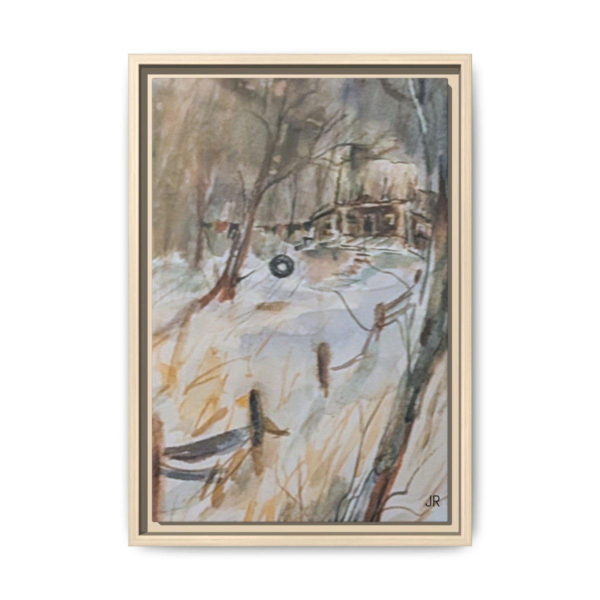 Winter Cabin Landscape Framed Canvas Print