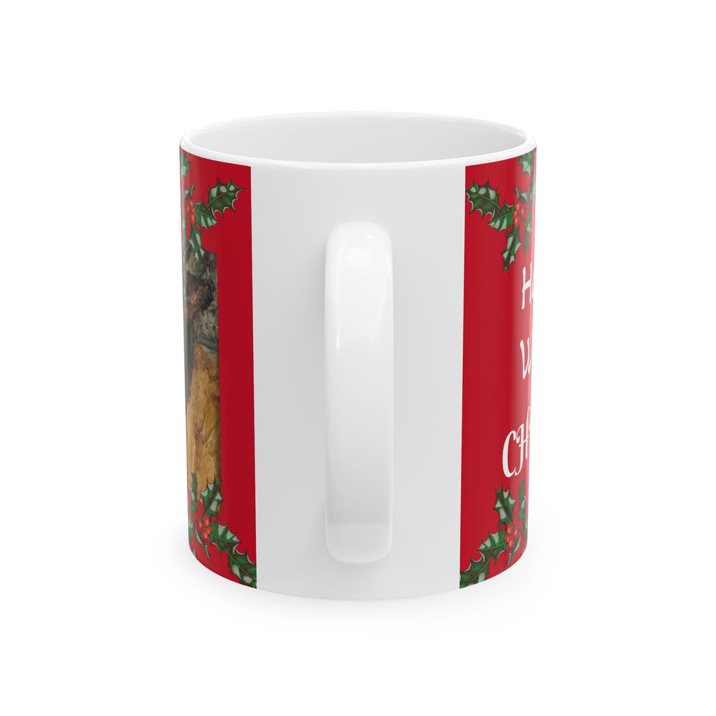 Rustic Elk Painting Christmas Mug | Holiday Holly Border Ceramic Mug