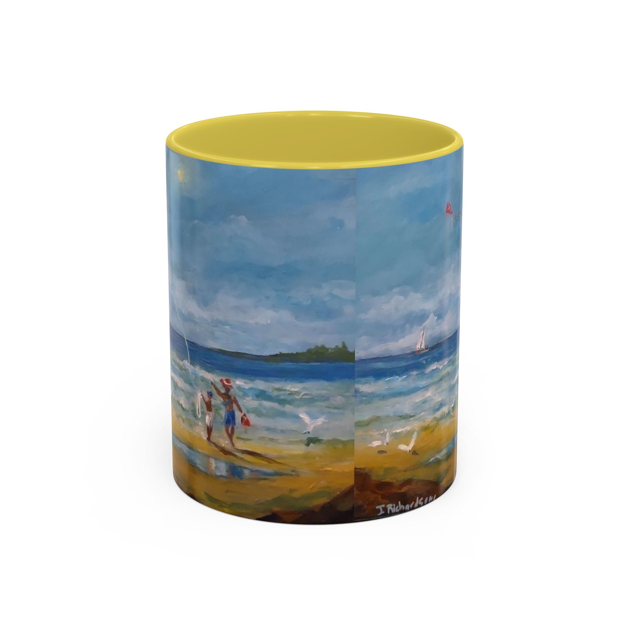 Beach & kite scene, Coffee Accent Mug - Personalize it! Colorful Ceramic Mug (11oz, 15oz)