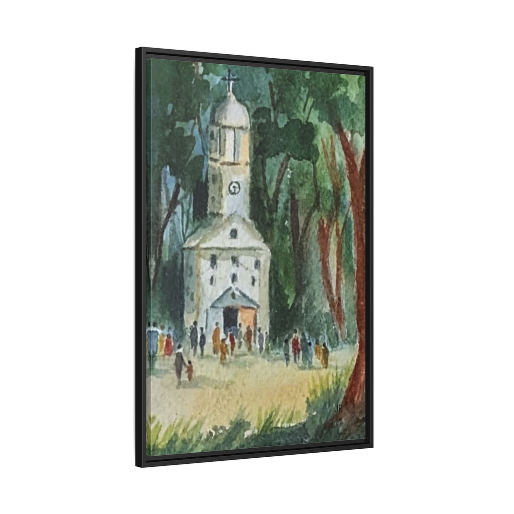 Framed Matte Canvas Print — Watercolor Church in Woodland Scene