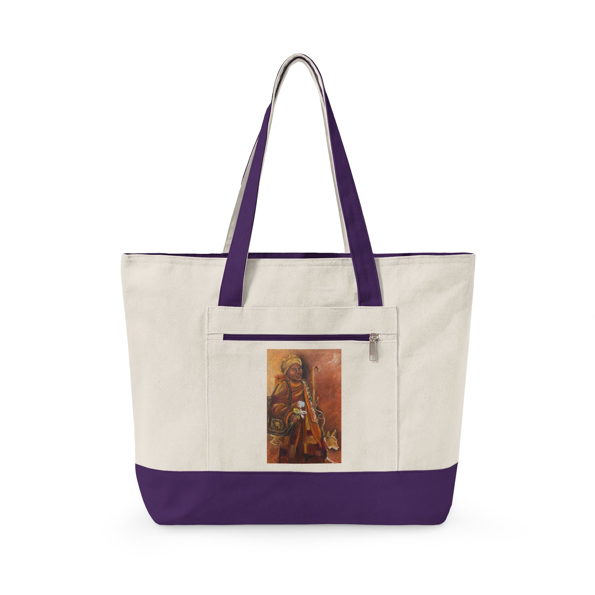 "Walk for Peace" Canvas Tote Bag — Boho Tribal Warrior Art Print Zippered Tote