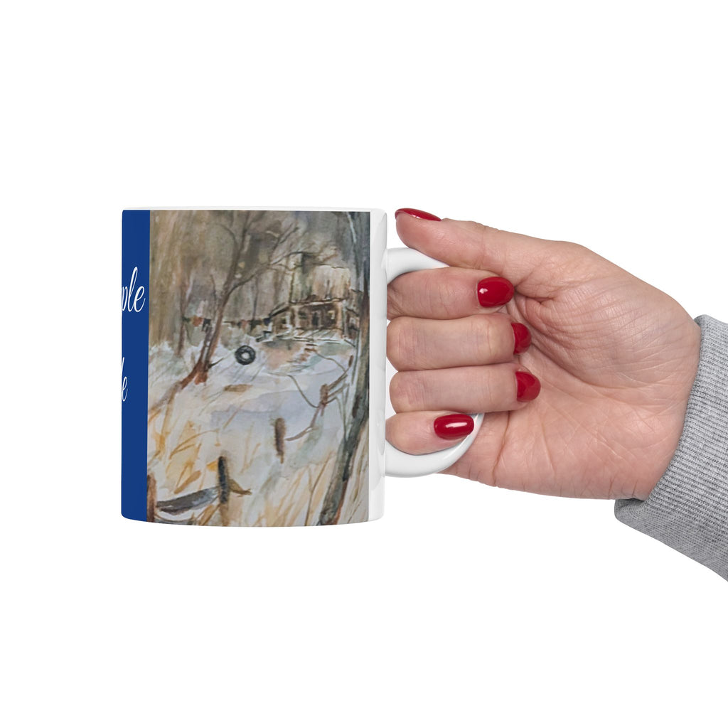 Simple Life Scenic Panels Ceramic Mug | Snow-Dusted Cabin Morning
