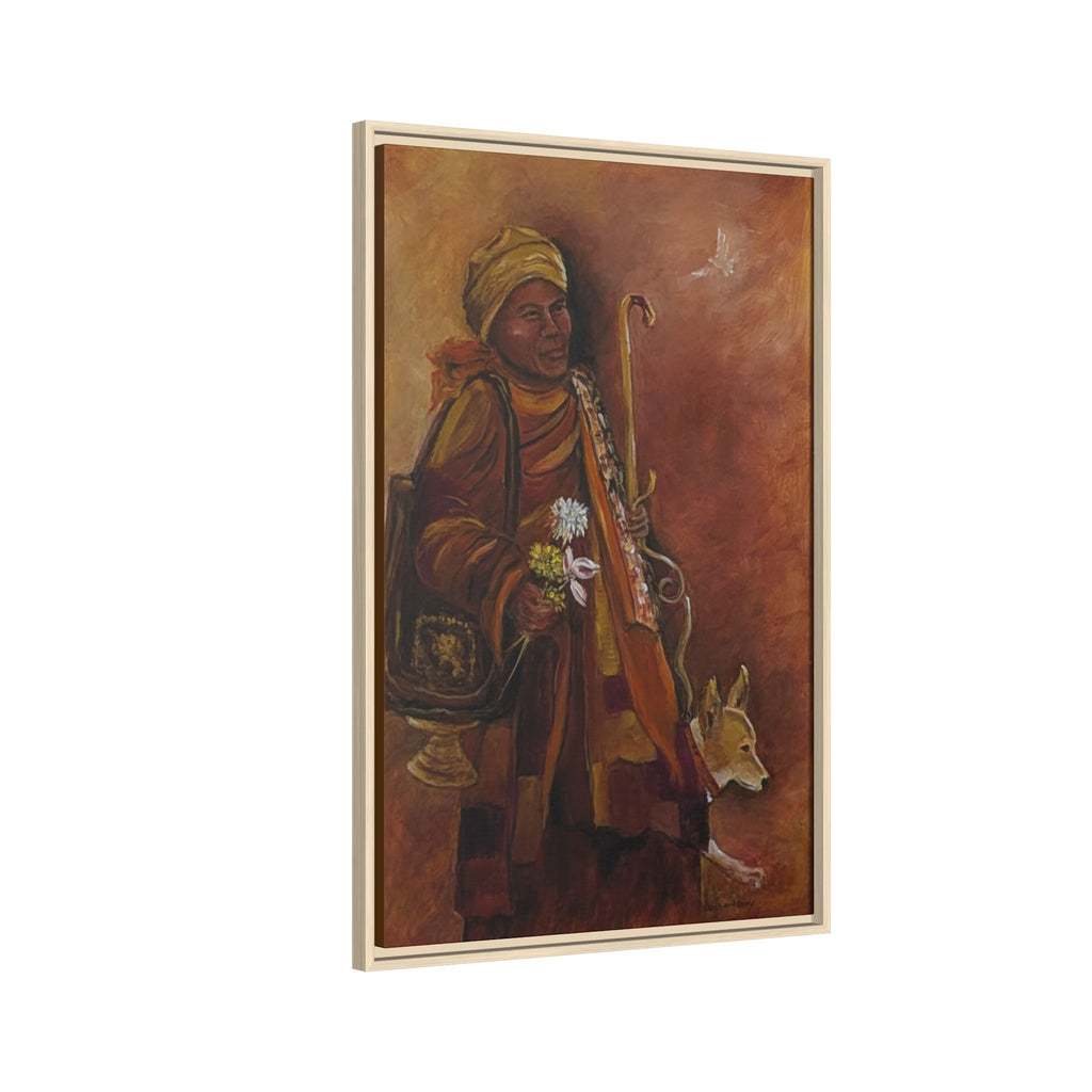 Monk & Dog & Dove Matte Canvas Framed | Earth Tone Wall Art