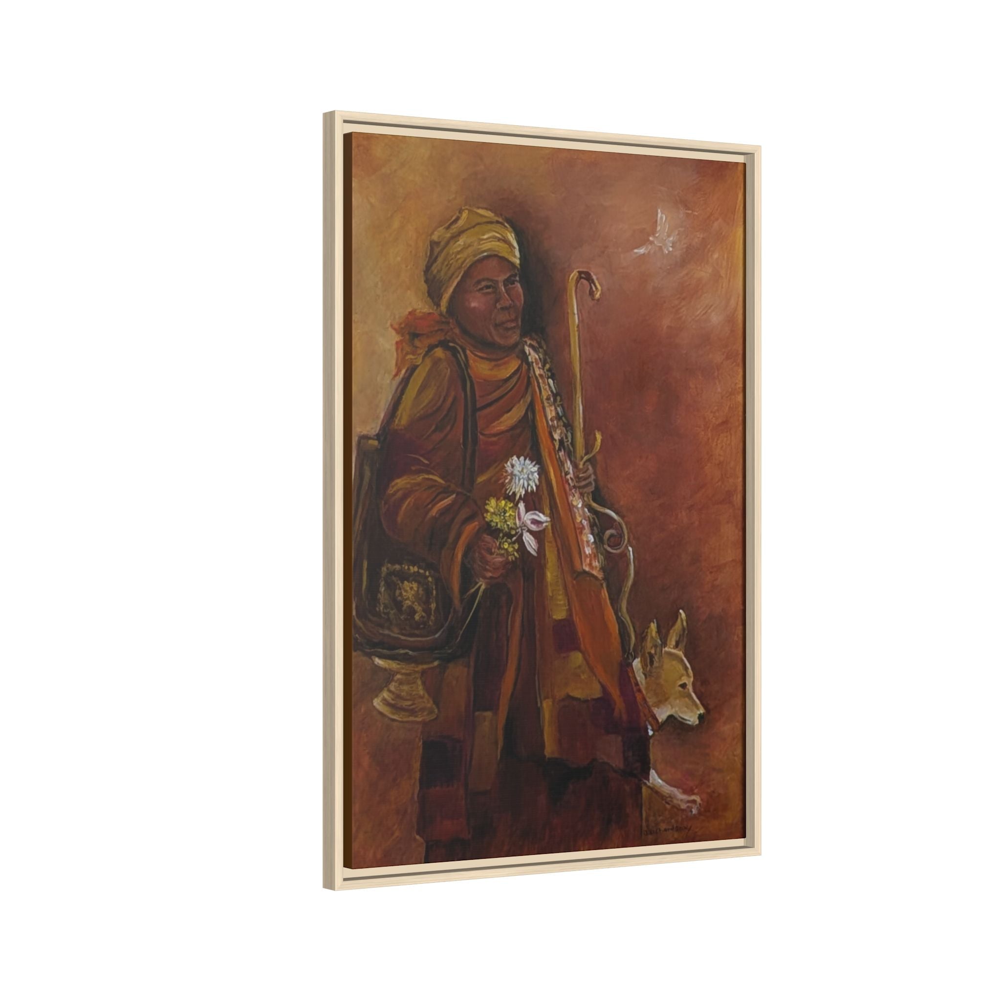 Monk & Dog & Dove Matte Canvas Framed | Earth Tone Wall Art