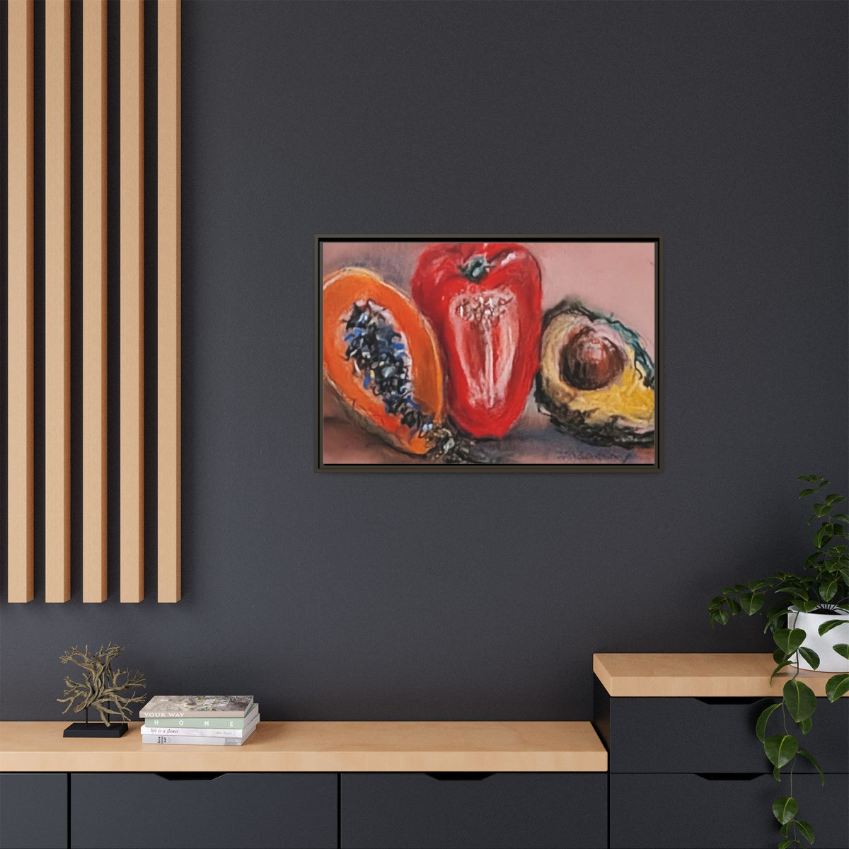 Framed Matte Canvas Art — Vibrant Still Life: Papaya, Red Pepper & Avocado
