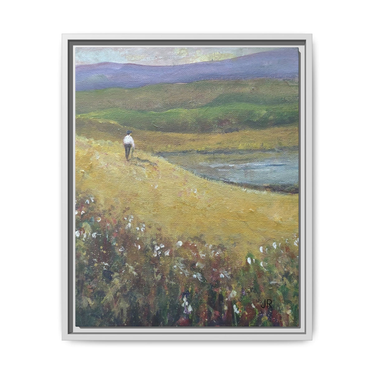 Solitary Walker Landscape Matte Canvas Framed | Pastel Field Wall Art