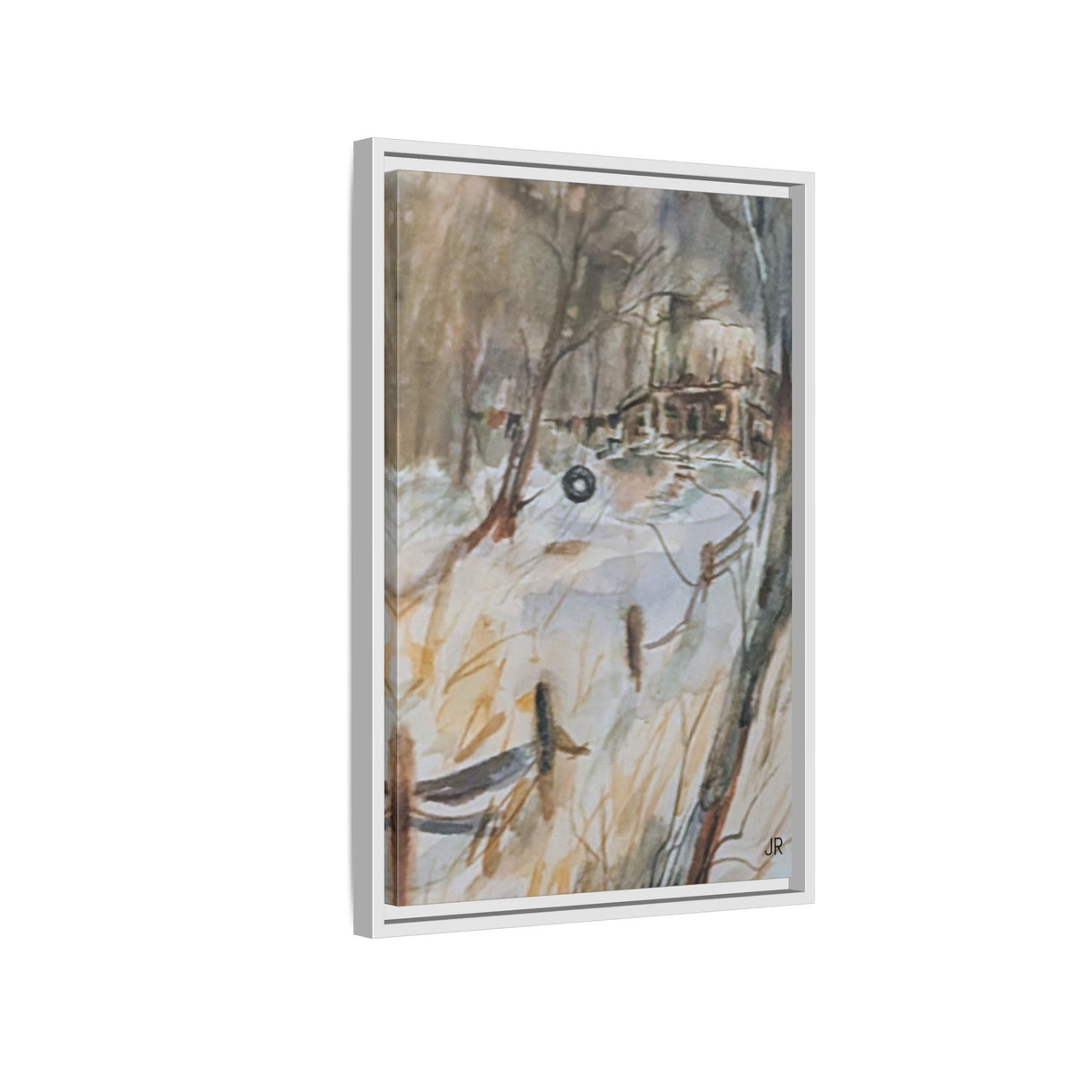 Winter Cabin Landscape Framed Canvas Print