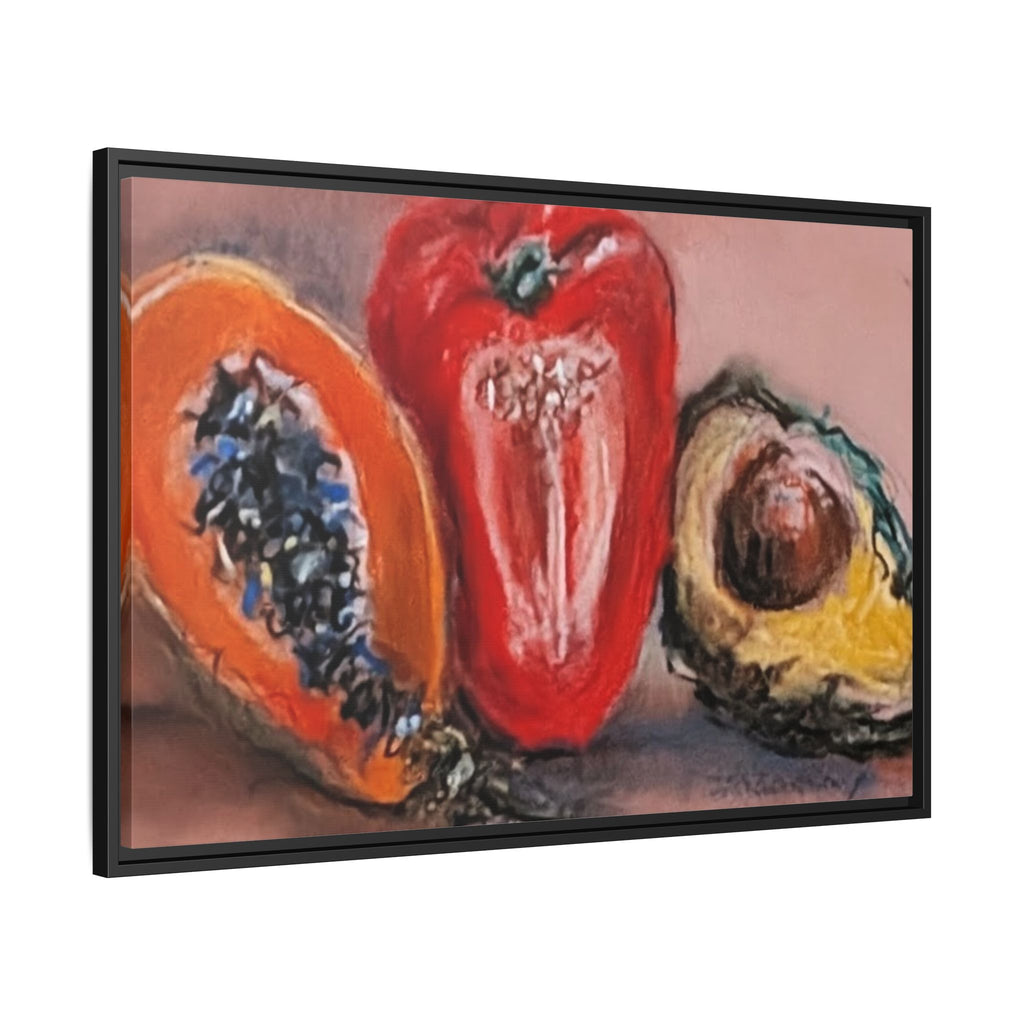 Framed Matte Canvas Art — Vibrant Still Life: Papaya, Red Pepper & Avocado