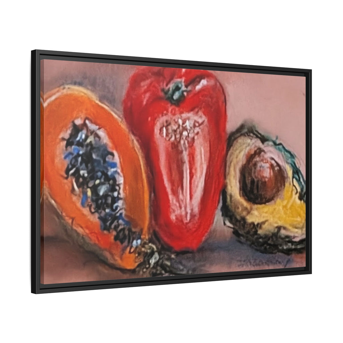 Framed Matte Canvas Art — Vibrant Still Life: Papaya, Red Pepper & Avocado