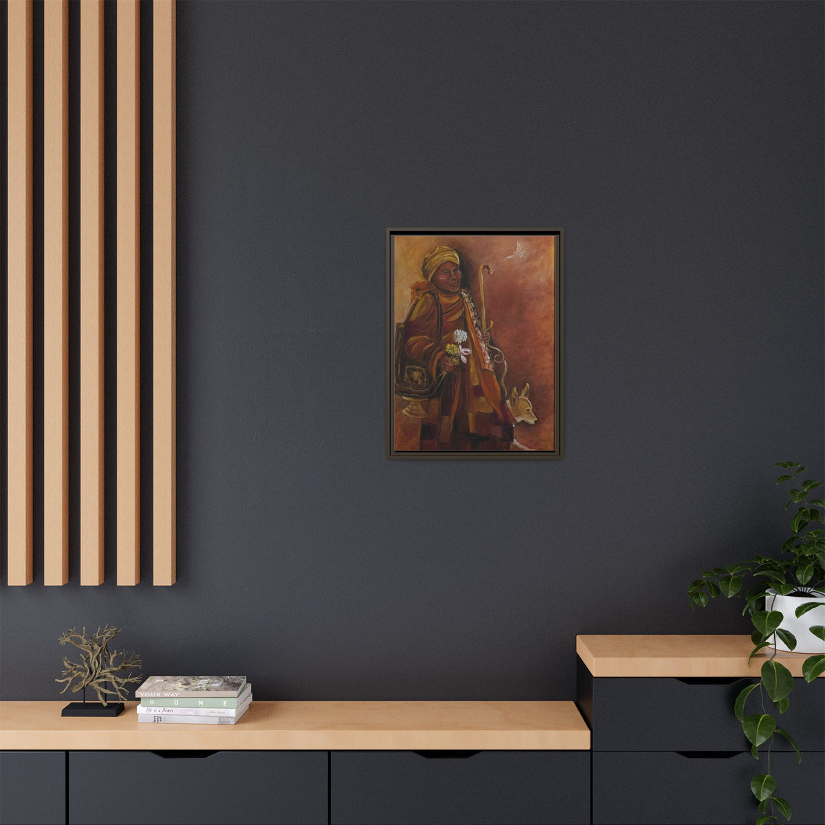 Monk & Dog & Dove Matte Canvas Framed | Earth Tone Wall Art