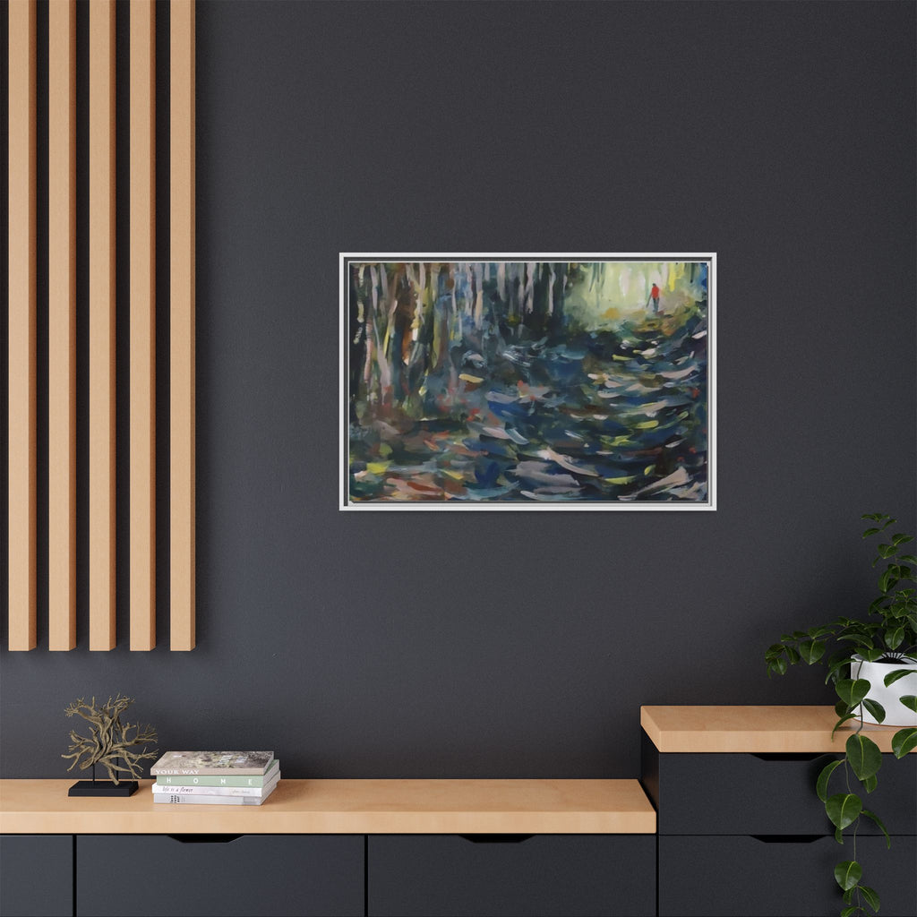 Forest Path Abstract Matte Canvas Framed | Red-Coated Figure, Blue-Green Impressionist Wall Art