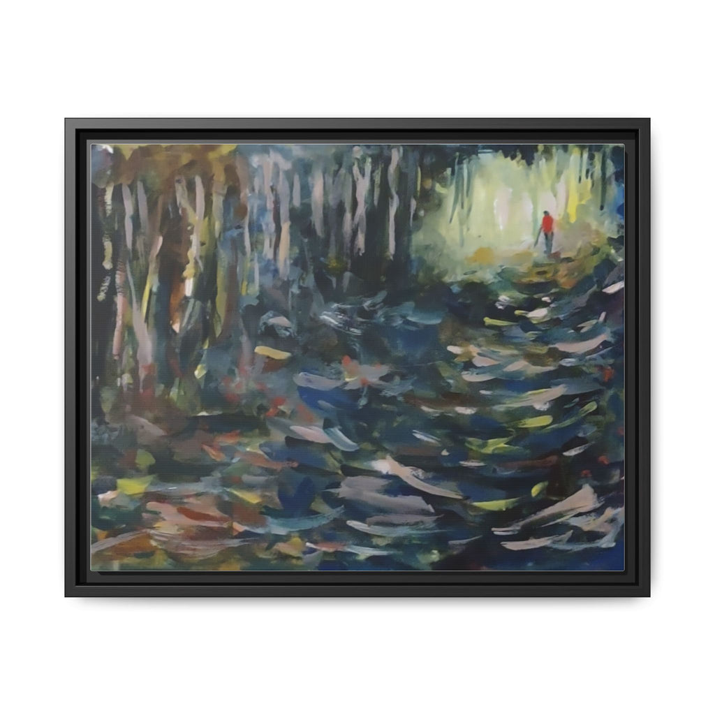 Forest Path Abstract Matte Canvas Framed | Red-Coated Figure, Blue-Green Impressionist Wall Art