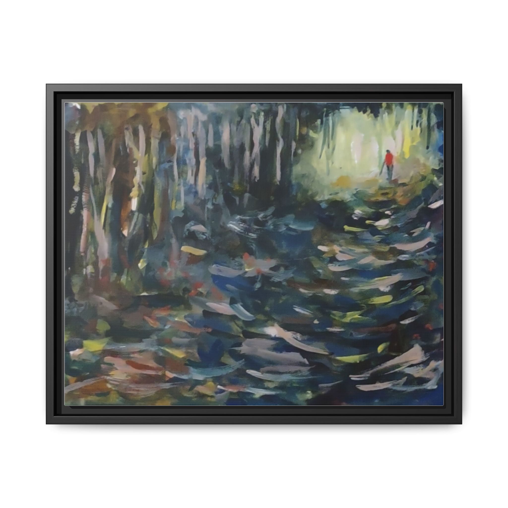 Forest Path Abstract Matte Canvas Framed | Red-Coated Figure, Blue-Green Impressionist Wall Art