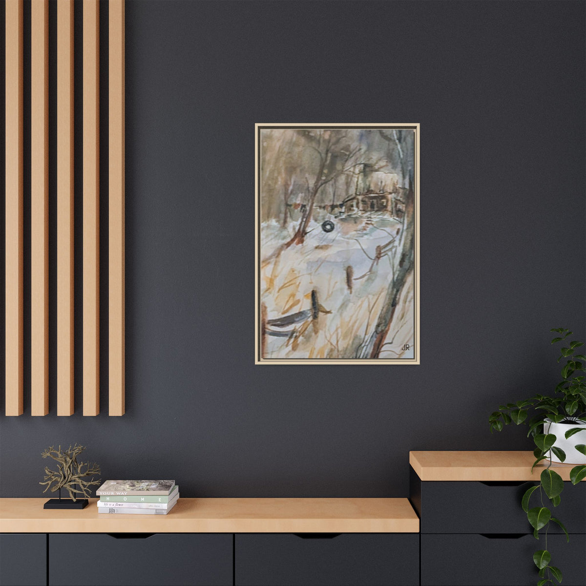 Winter Cabin Landscape Framed Canvas Print