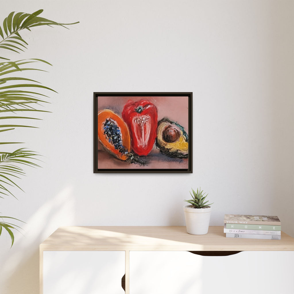 Framed Matte Canvas Art — Vibrant Still Life: Papaya, Red Pepper & Avocado