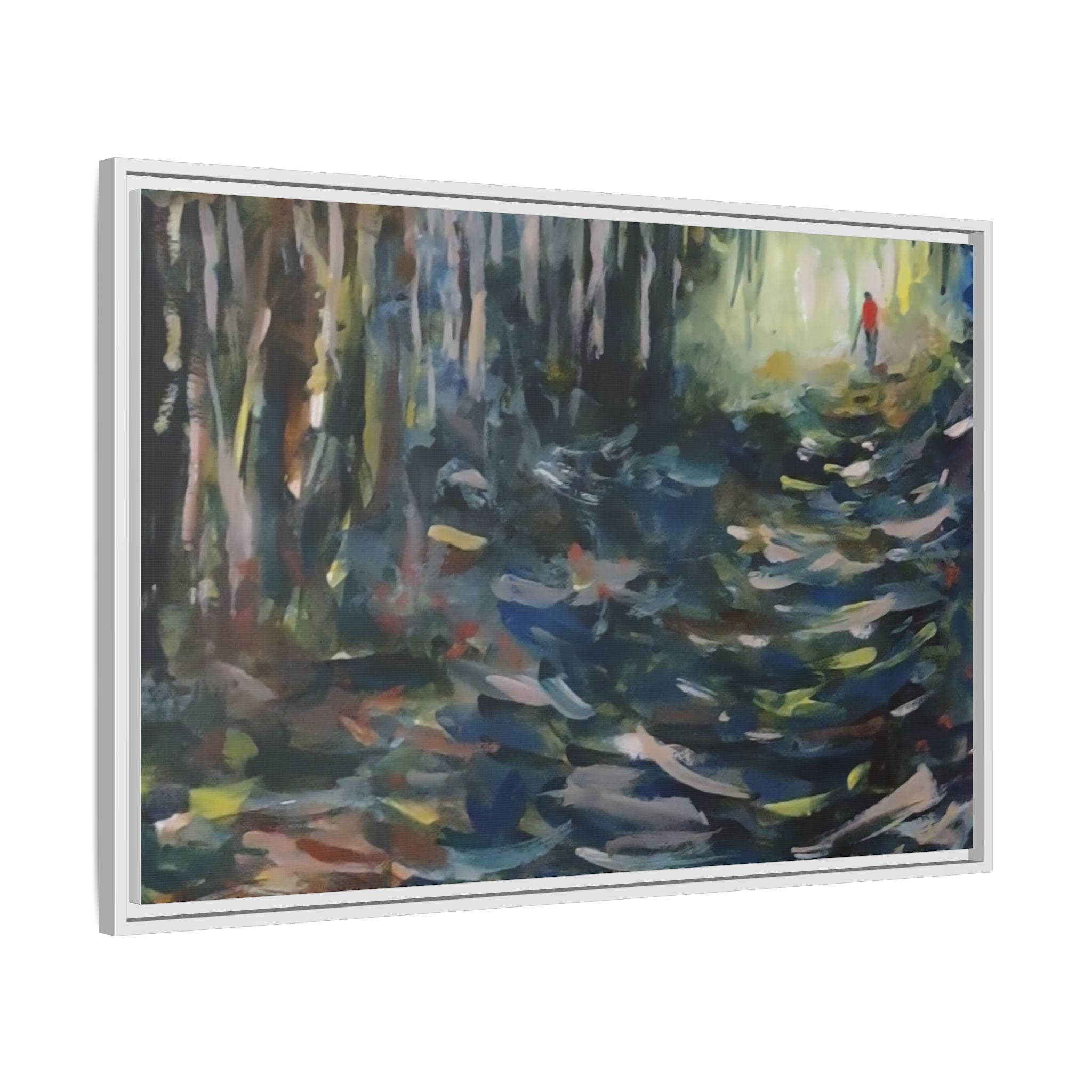 Forest Path Abstract Matte Canvas Framed | Red-Coated Figure, Blue-Green Impressionist Wall Art