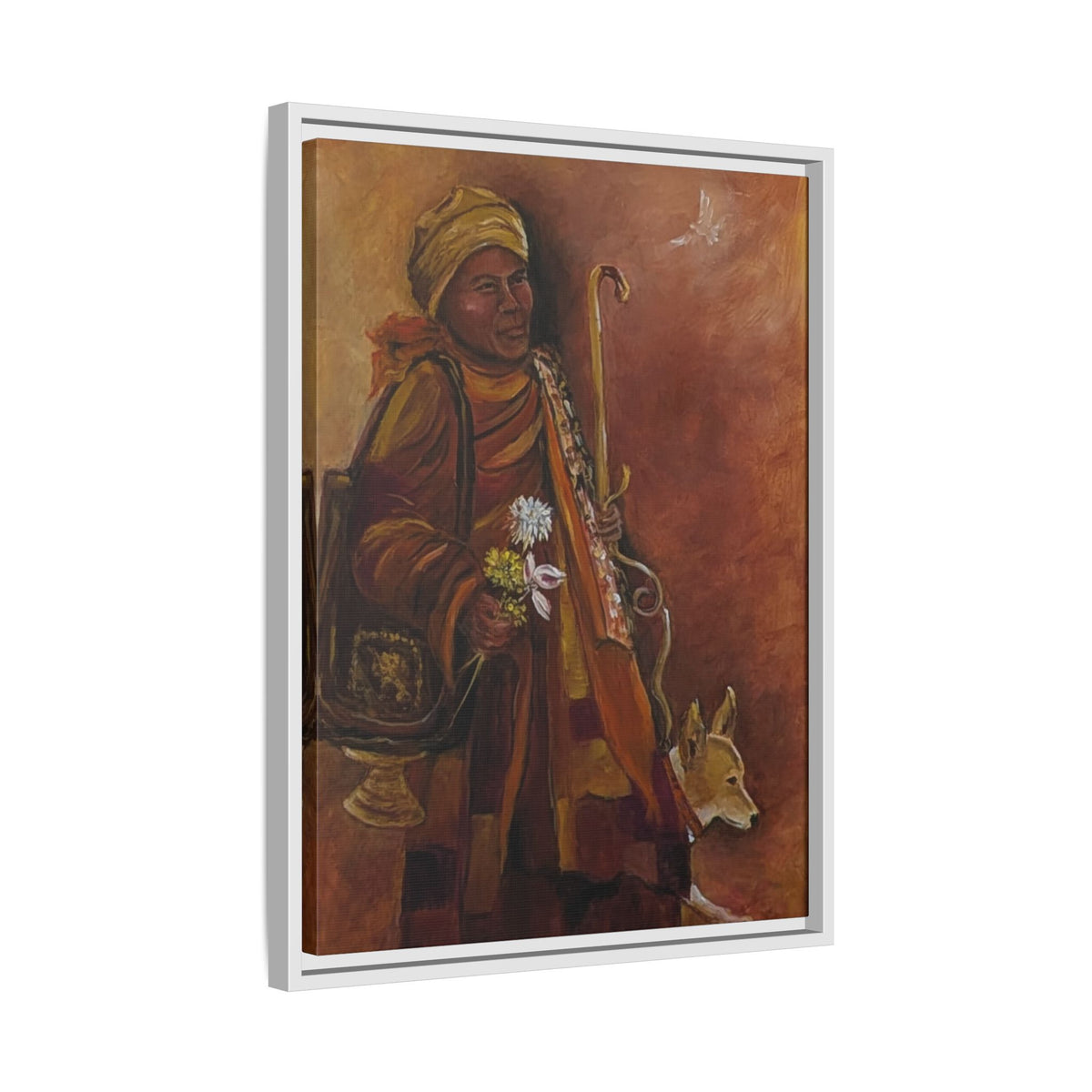 Monk & Dog & Dove Matte Canvas Framed | Earth Tone Wall Art