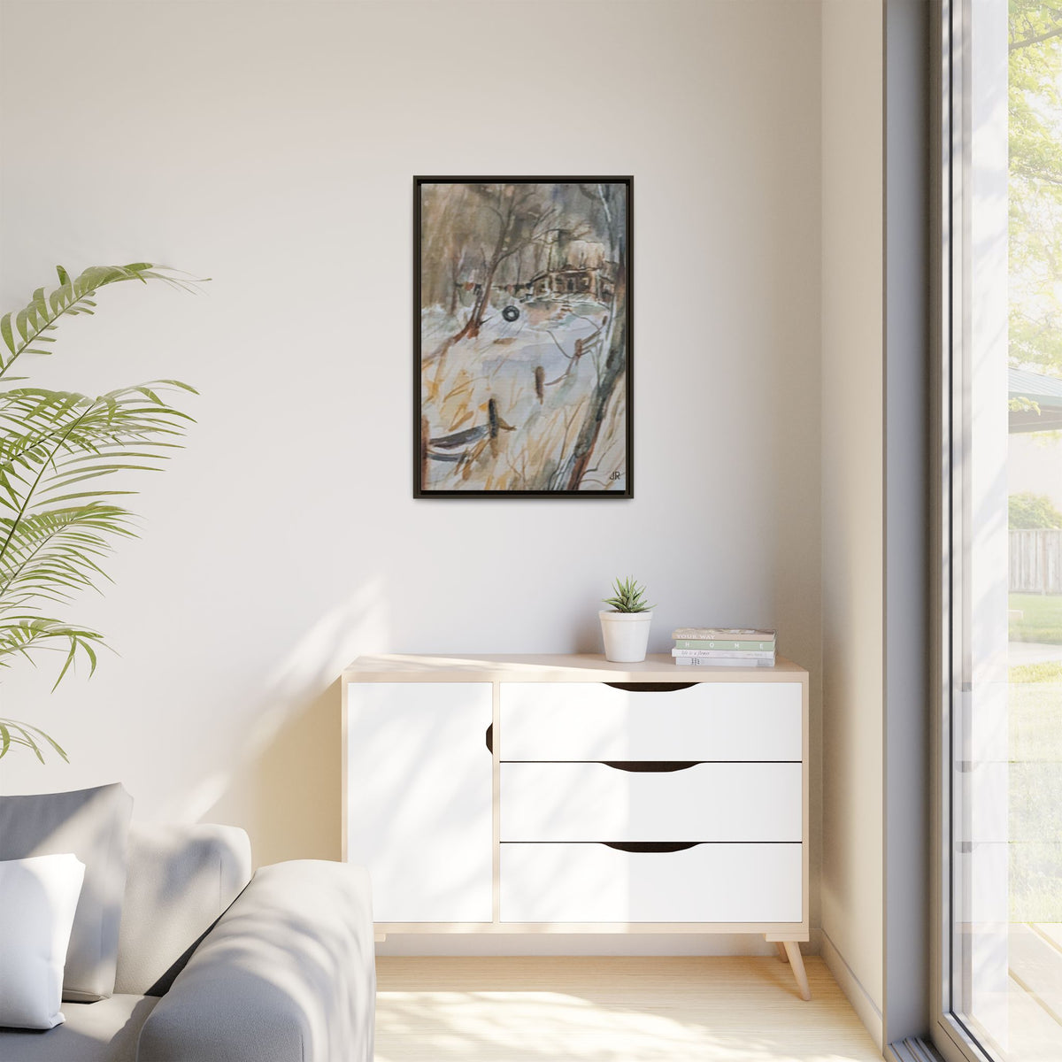 Winter Cabin Landscape Framed Canvas Print