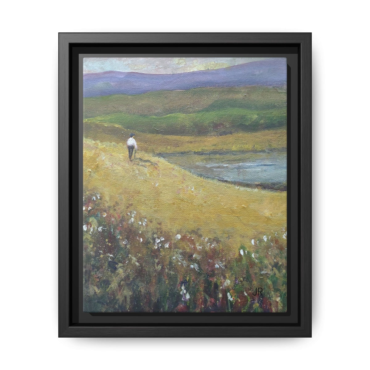Solitary Walker Landscape Matte Canvas Framed | Pastel Field Wall Art