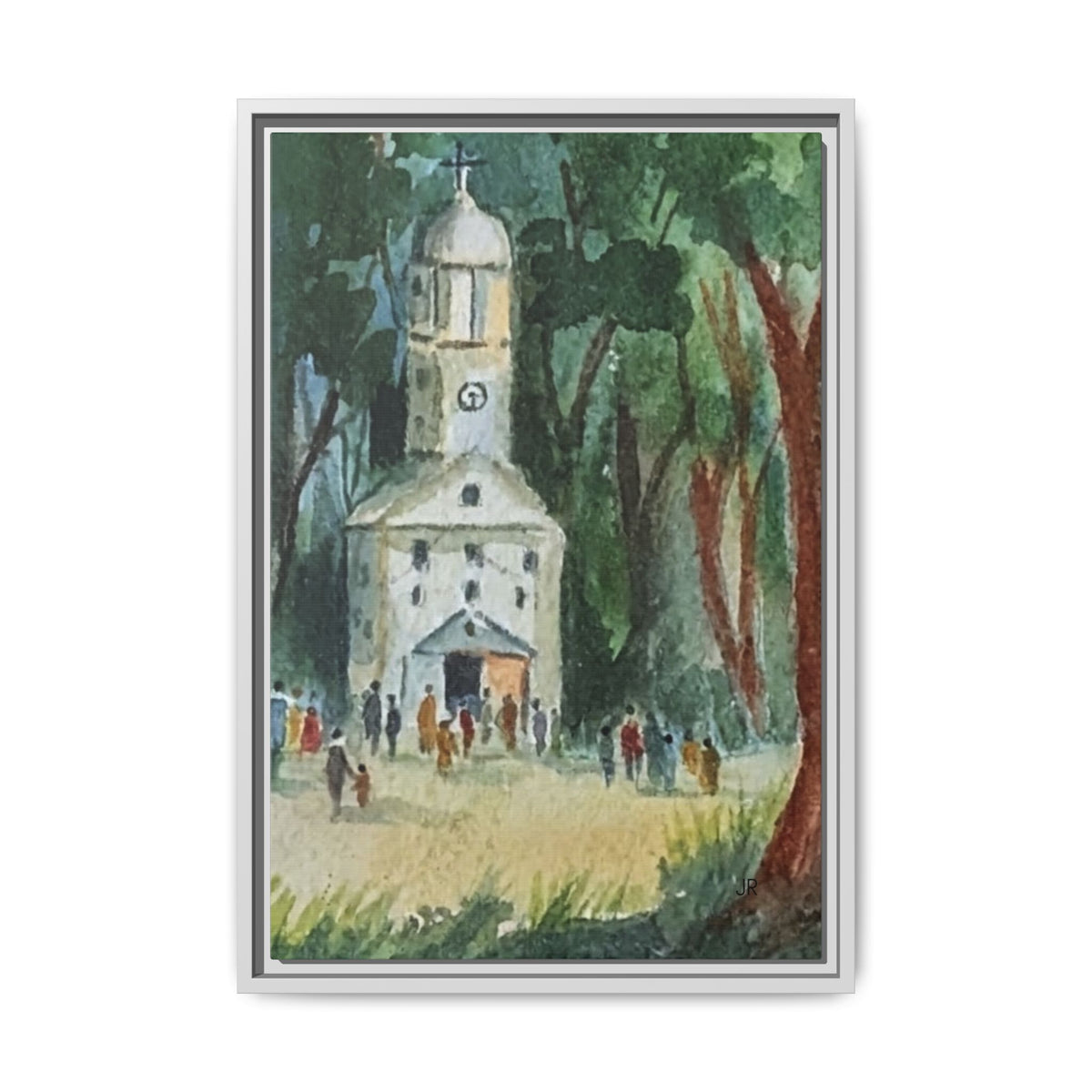 Framed Matte Canvas Print — Watercolor Church in Woodland Scene
