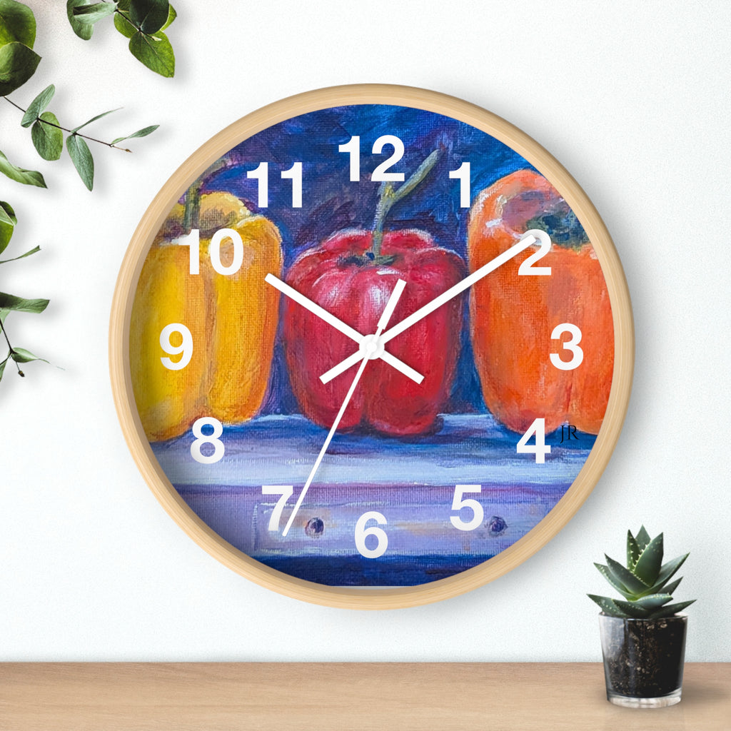Three Peppers Still Life Wall Clock — Colorful Kitchen Art Clock