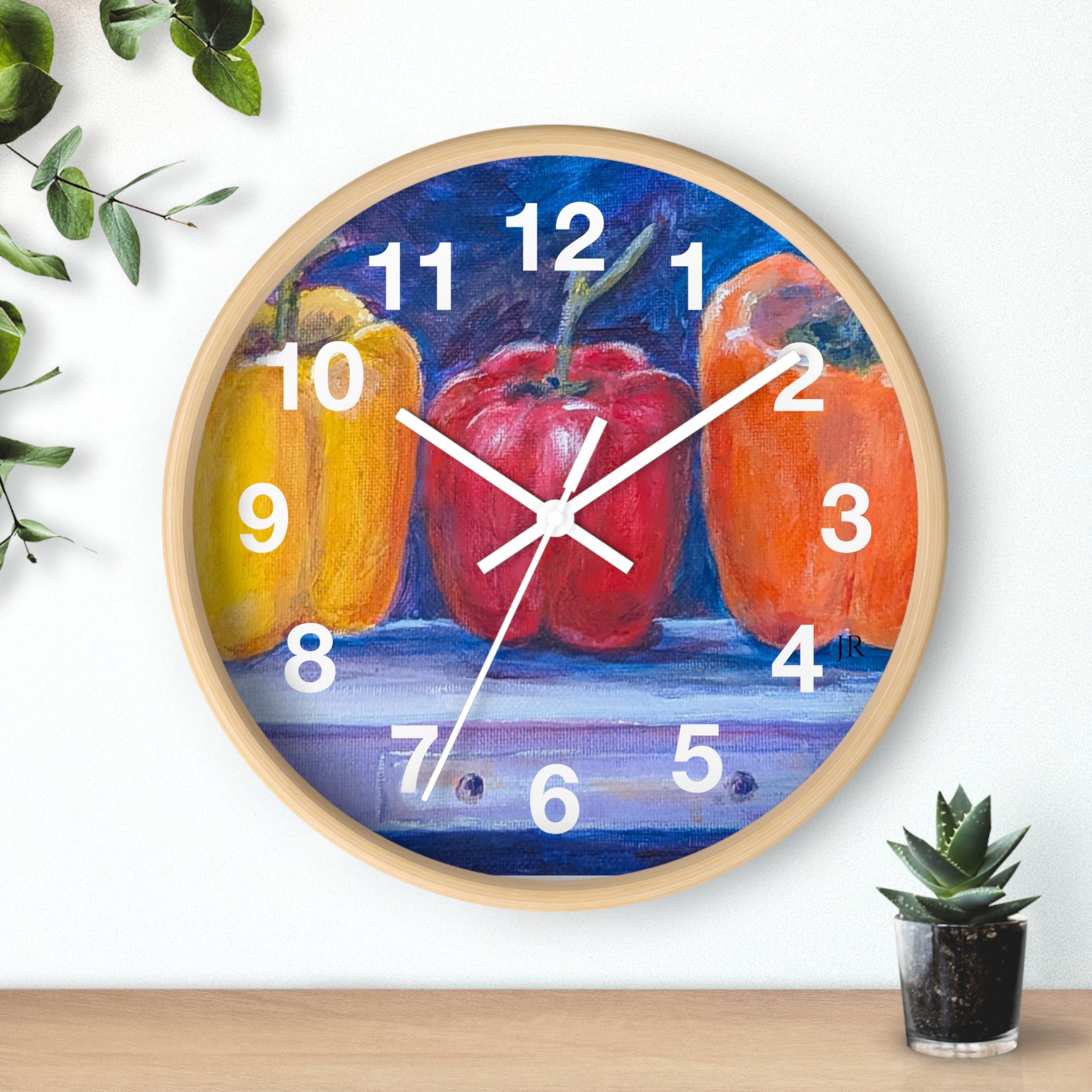 Three Peppers Still Life Wall Clock — Colorful Kitchen Art Clock