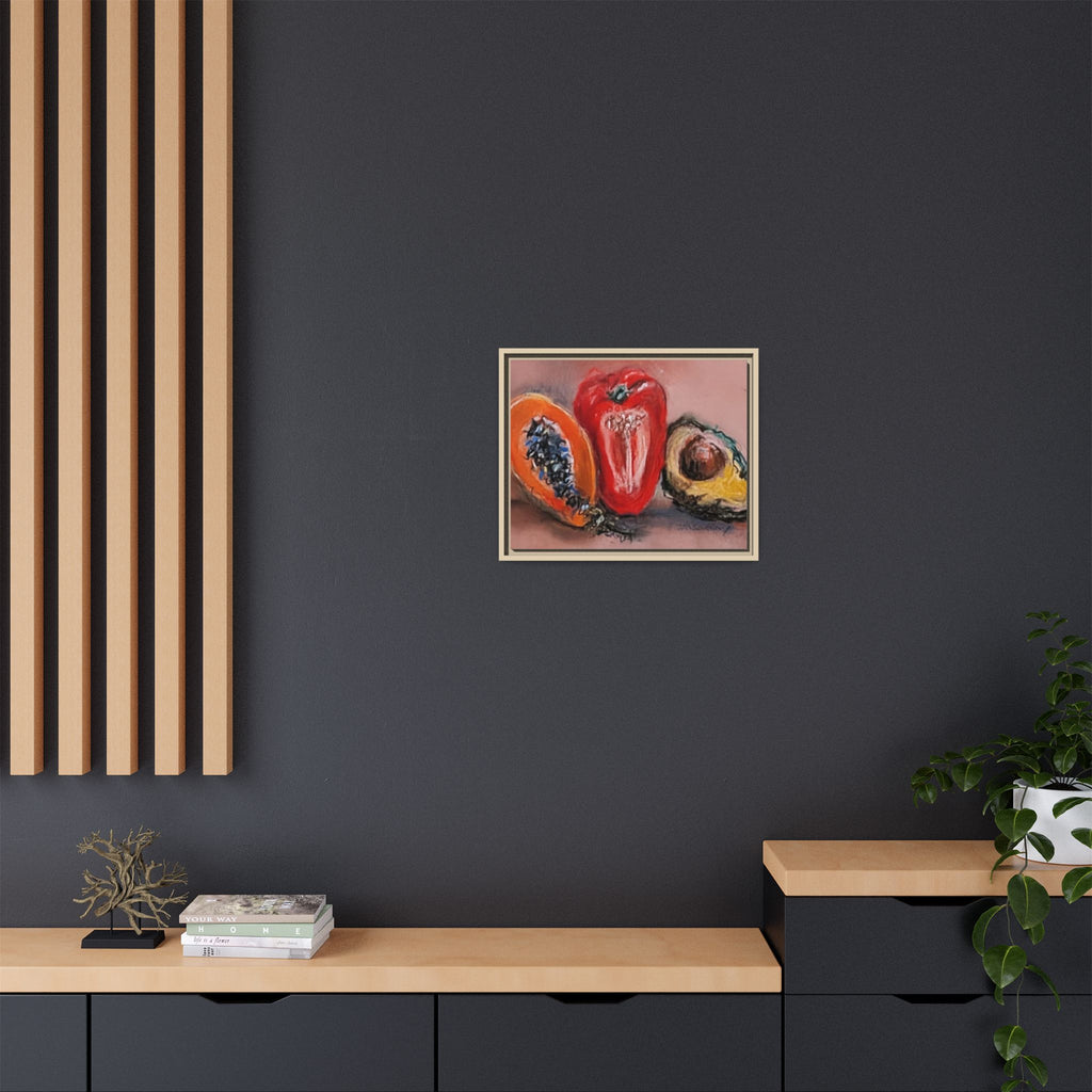 Framed Matte Canvas Art — Vibrant Still Life: Papaya, Red Pepper & Avocado