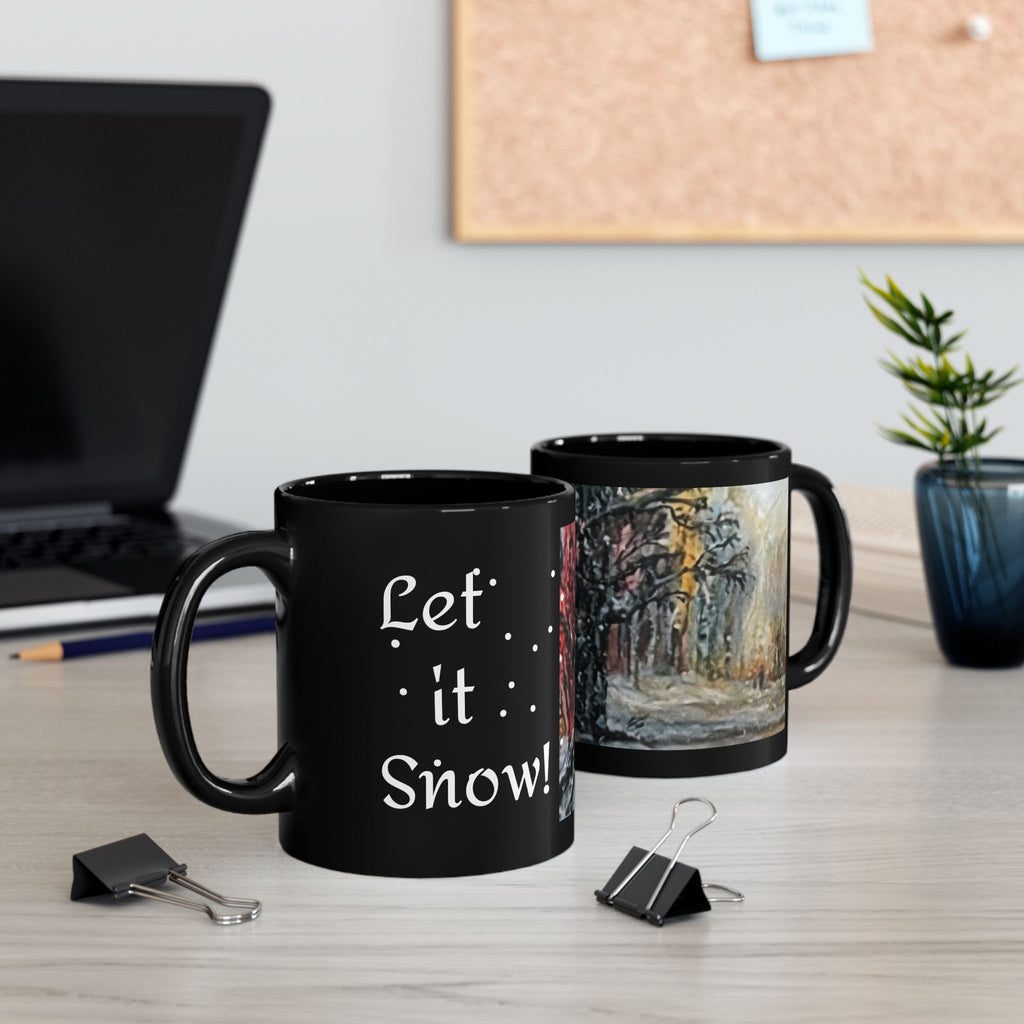 Winter Forest Painting Mug | Snowy Tree Landscape on Black Ceramic