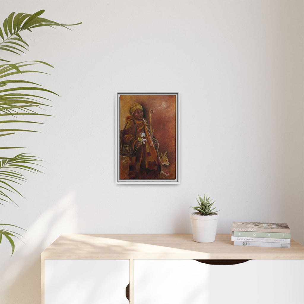 Monk & Dog & Dove Matte Canvas Framed | Earth Tone Wall Art