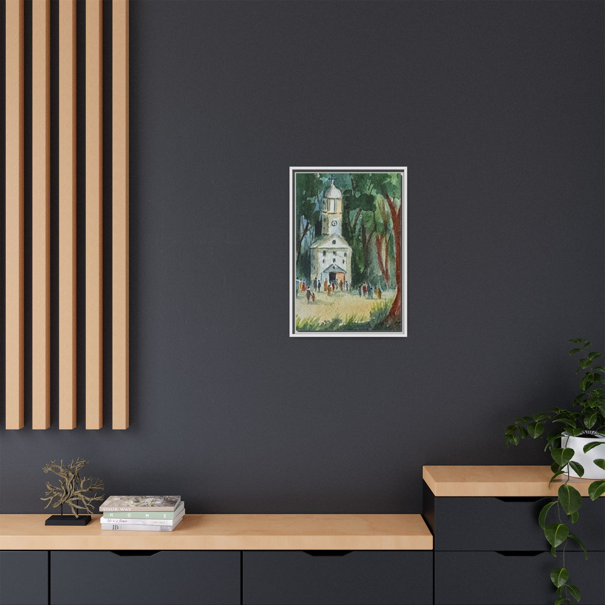 Framed Matte Canvas Print — Watercolor Church in Woodland Scene