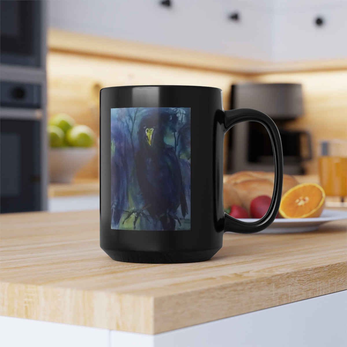 Dark Raven Watercolor Black Mug | Personalizable Gothic Bird Art, Night Forest