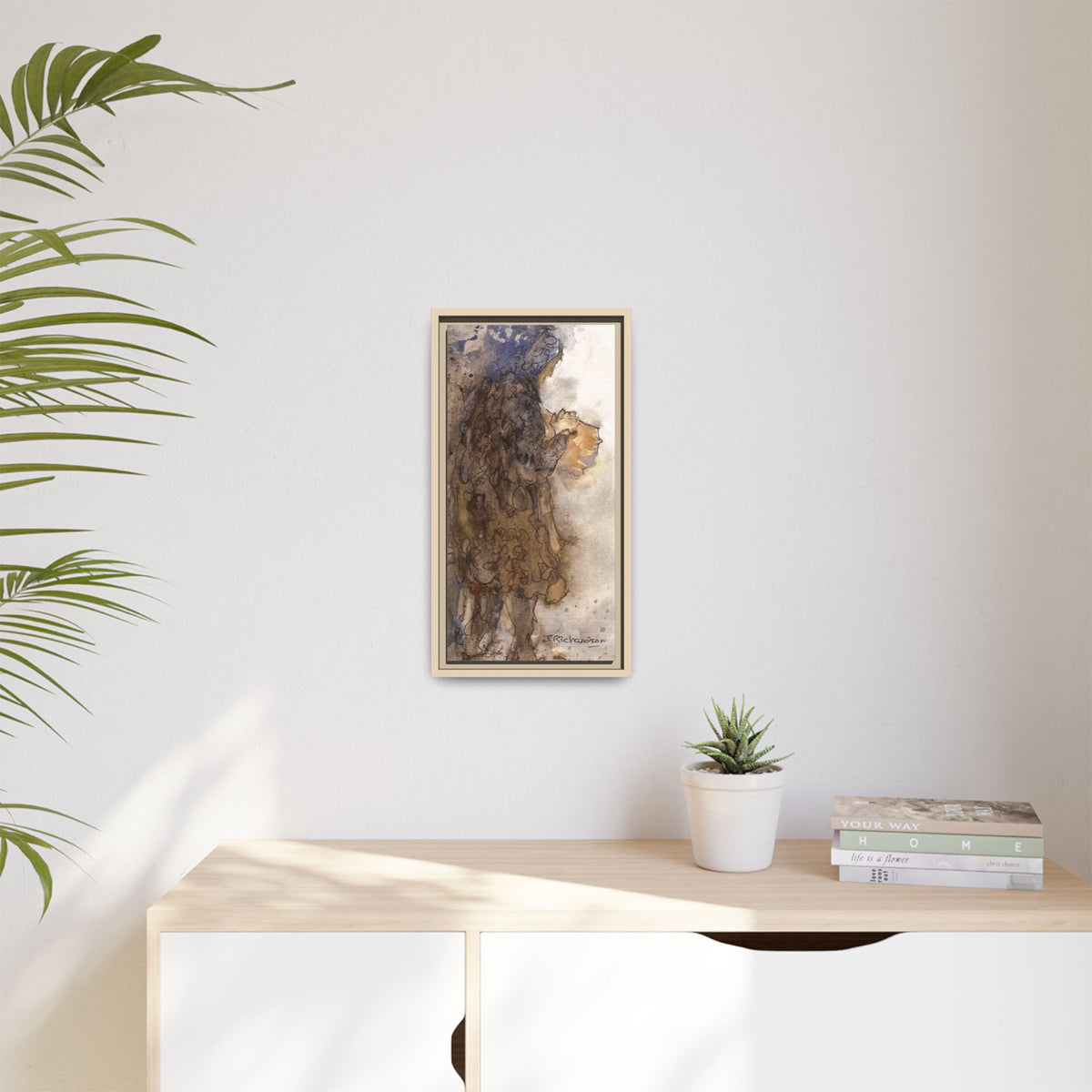Framed Matte Canvas — "Left Behind Homeless Woman" Watercolor Abstract (Earth Tones)