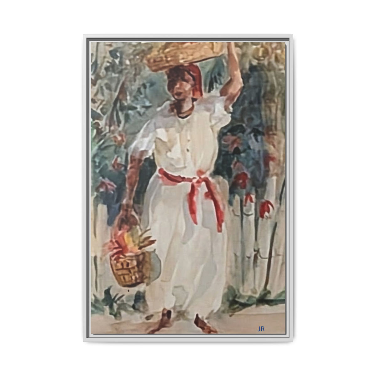 Tropical Market Woman Framed Watercolor Wall Art