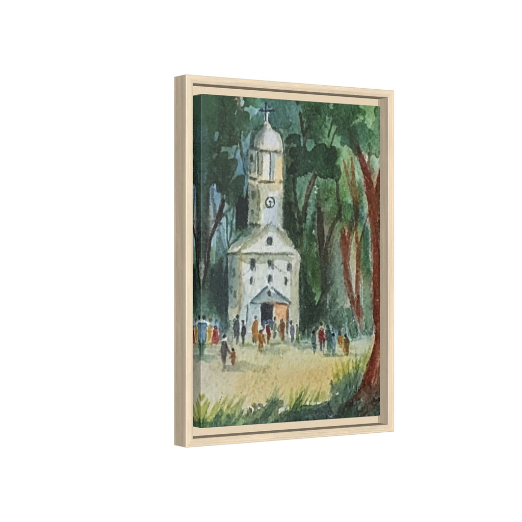 Framed Matte Canvas Print — Watercolor Church in Woodland Scene