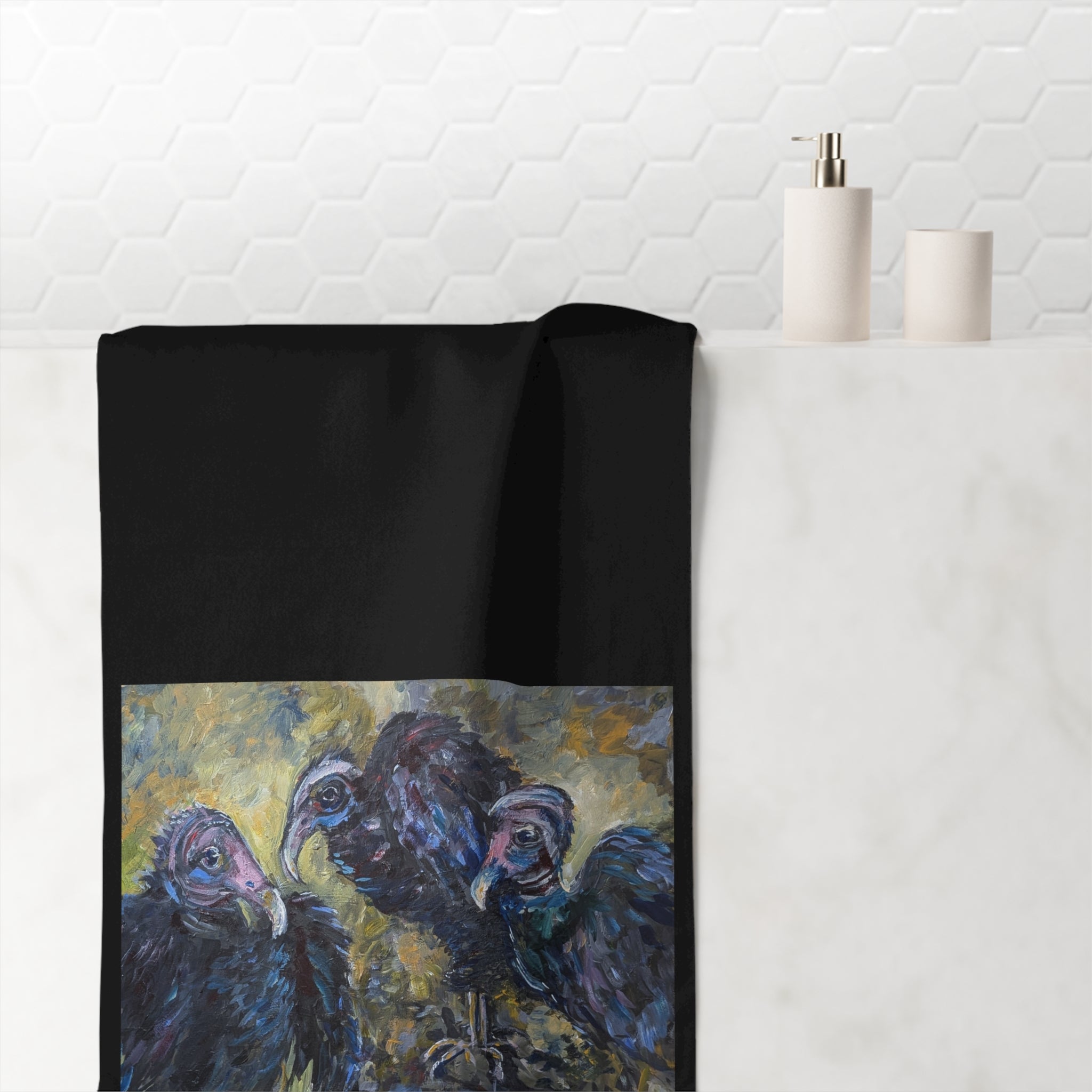 Vulture Trio painting Mink-Cotton Towel | dark avian art, textured brushwork