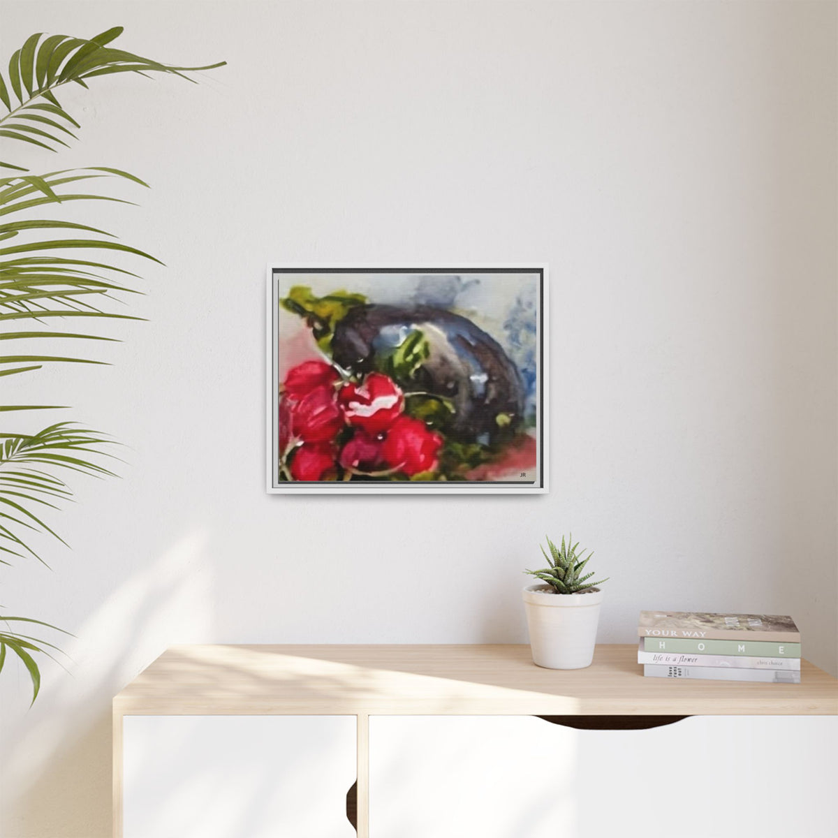 Ripe Eggplant and Red Radishes Canvas Framed Matte Canvas | Still Life Kitchen Wall Art