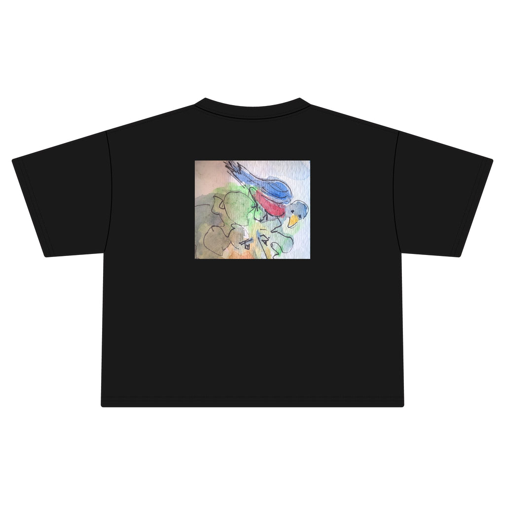 Women's Jersey Crop Tee Bird on head, Frt. Back, sleeves