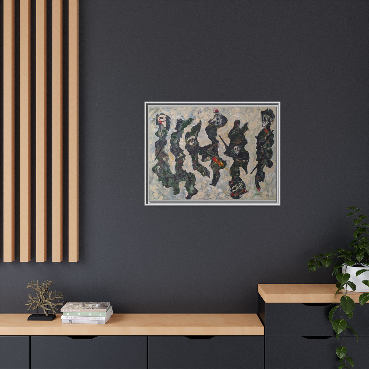 Abstract Military Figurative Matte Canvas Framed Wall Art — Multi‑Color