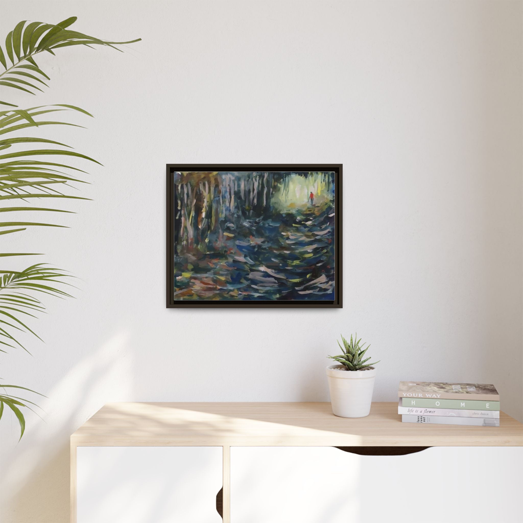 Forest Path Abstract Matte Canvas Framed | Red-Coated Figure, Blue-Green Impressionist Wall Art