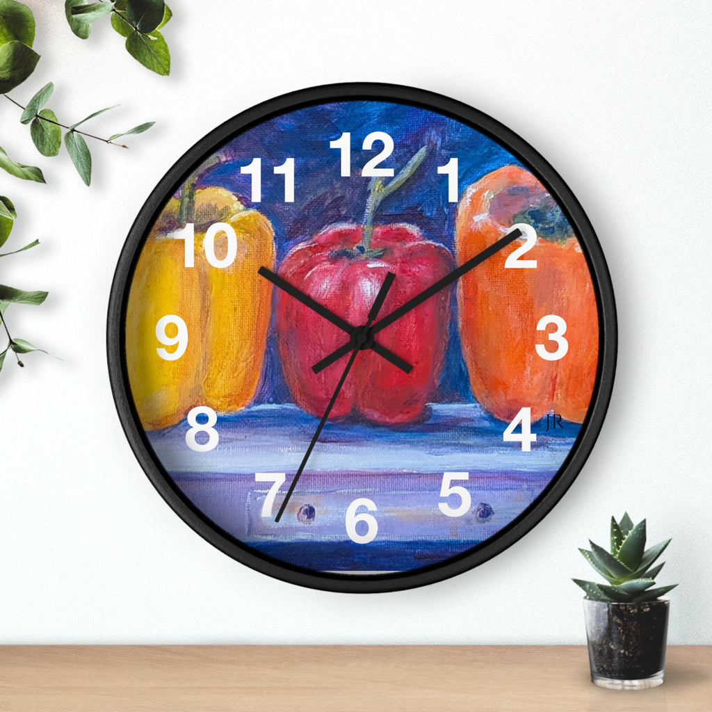 Three Peppers Still Life Wall Clock — Colorful Kitchen Art Clock