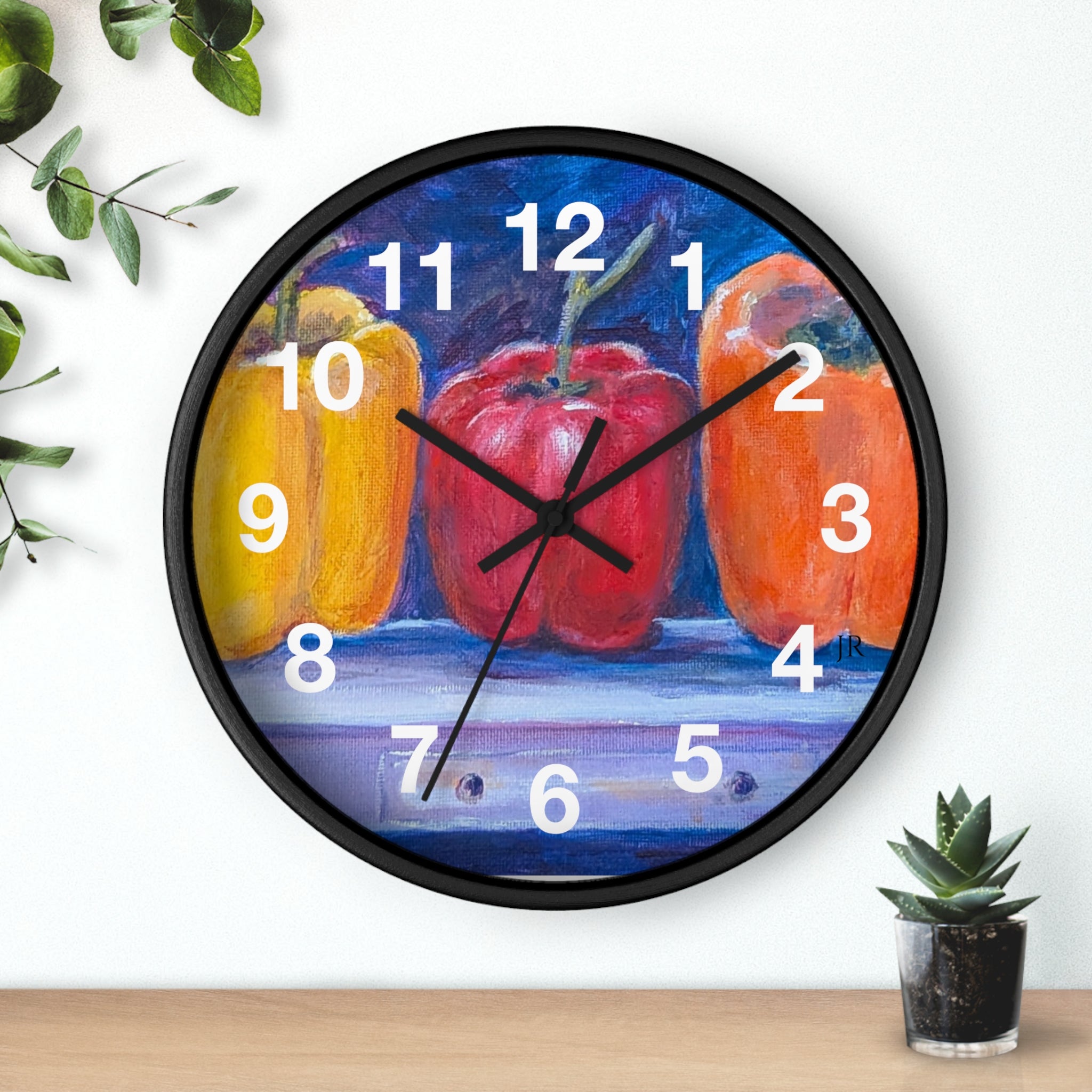 Three Peppers Still Life Wall Clock — Colorful Kitchen Art Clock