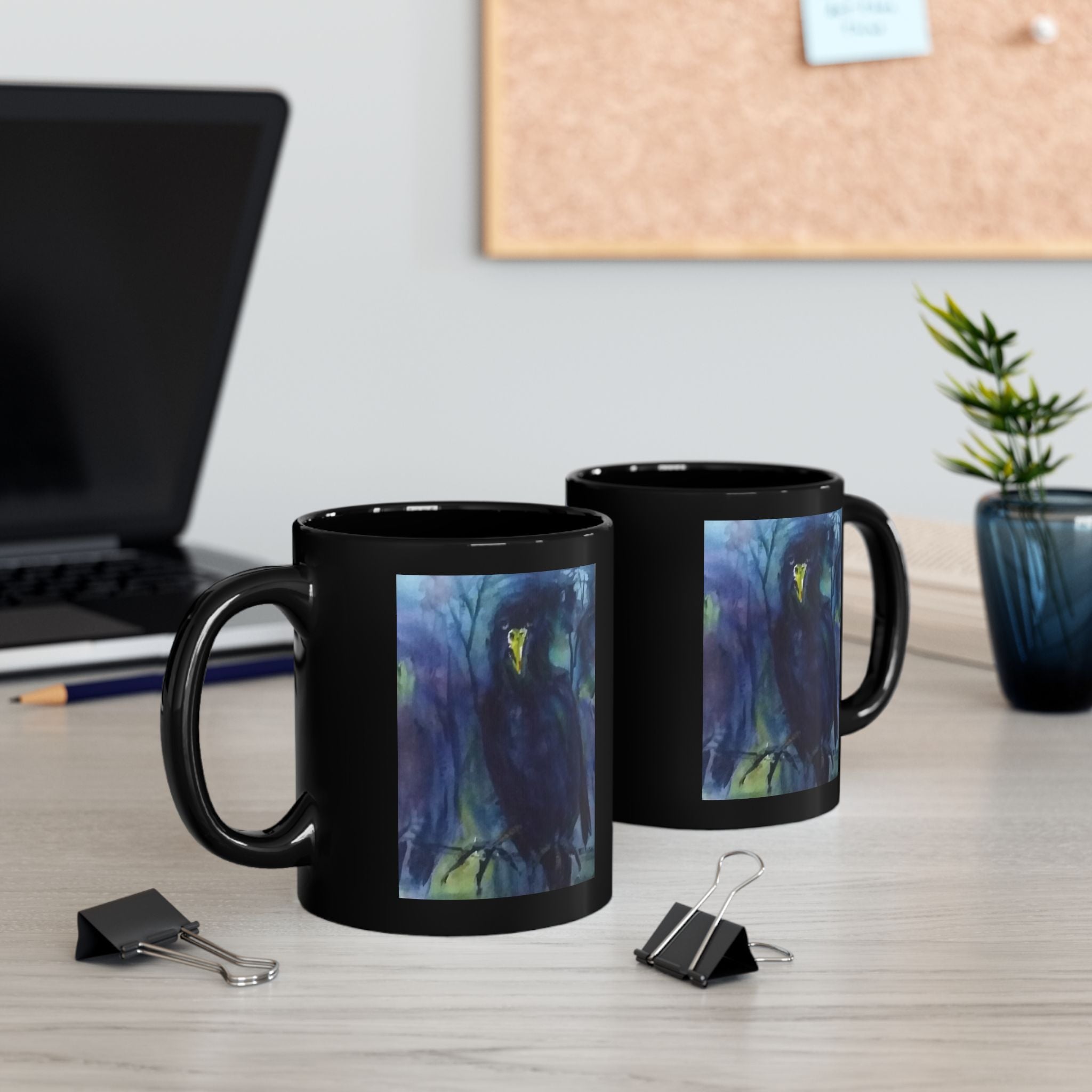 Dark Raven Watercolor Black Mug | Personalizable Gothic Bird Art, Night Forest