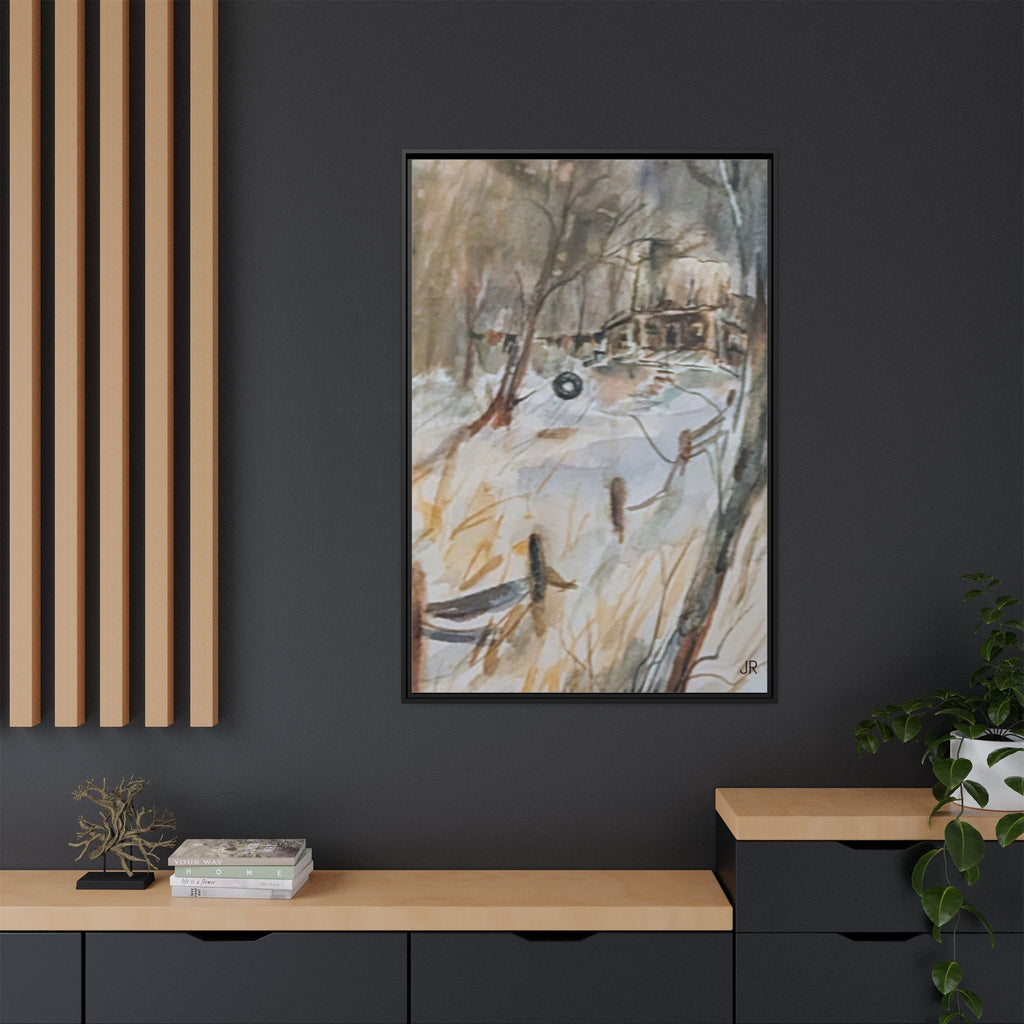 Winter Cabin Landscape Framed Canvas Print