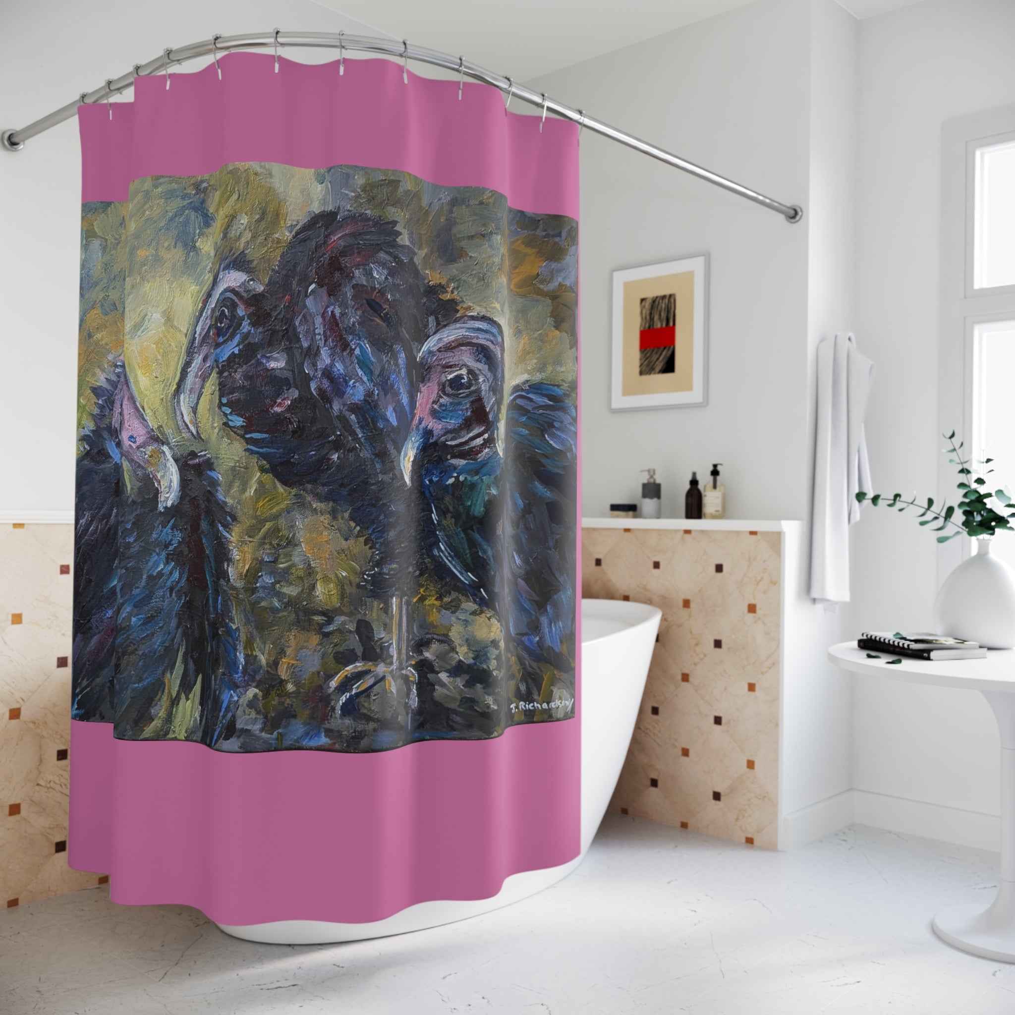 Vulture Trio Shower Curtain | Bold Pink Border, Dark Painterly Bird Artwork