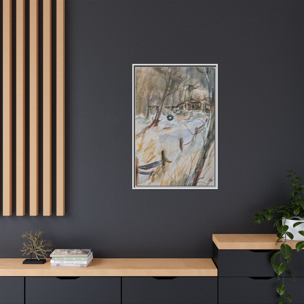 Winter Cabin Landscape Framed Canvas Print