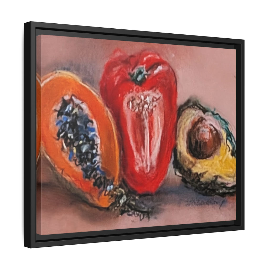 Framed Matte Canvas Art — Vibrant Still Life: Papaya, Red Pepper & Avocado
