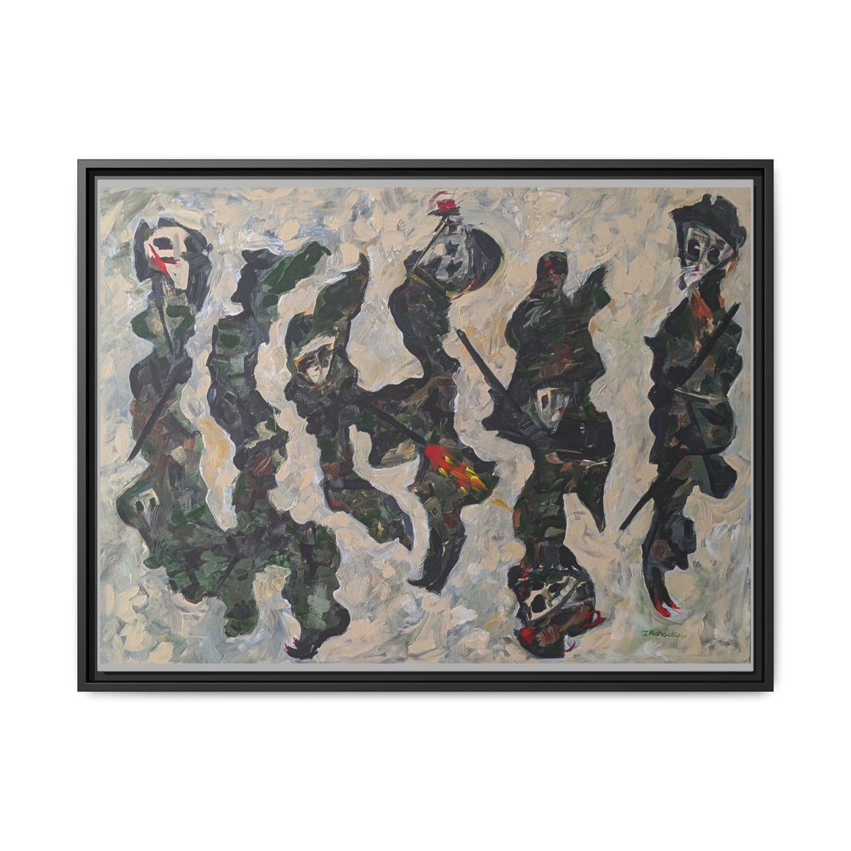 Abstract Military Figurative Matte Canvas Framed Wall Art — Multi‑Color