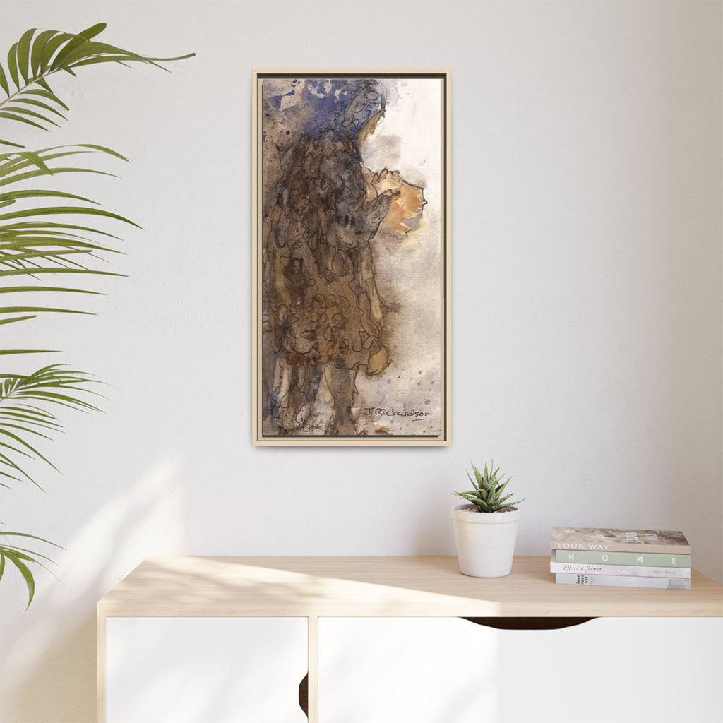 Framed Matte Canvas — "Left Behind Homeless Woman" Watercolor Abstract (Earth Tones)