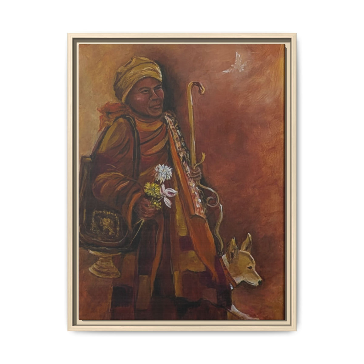 Monk & Dog & Dove Matte Canvas Framed | Earth Tone Wall Art