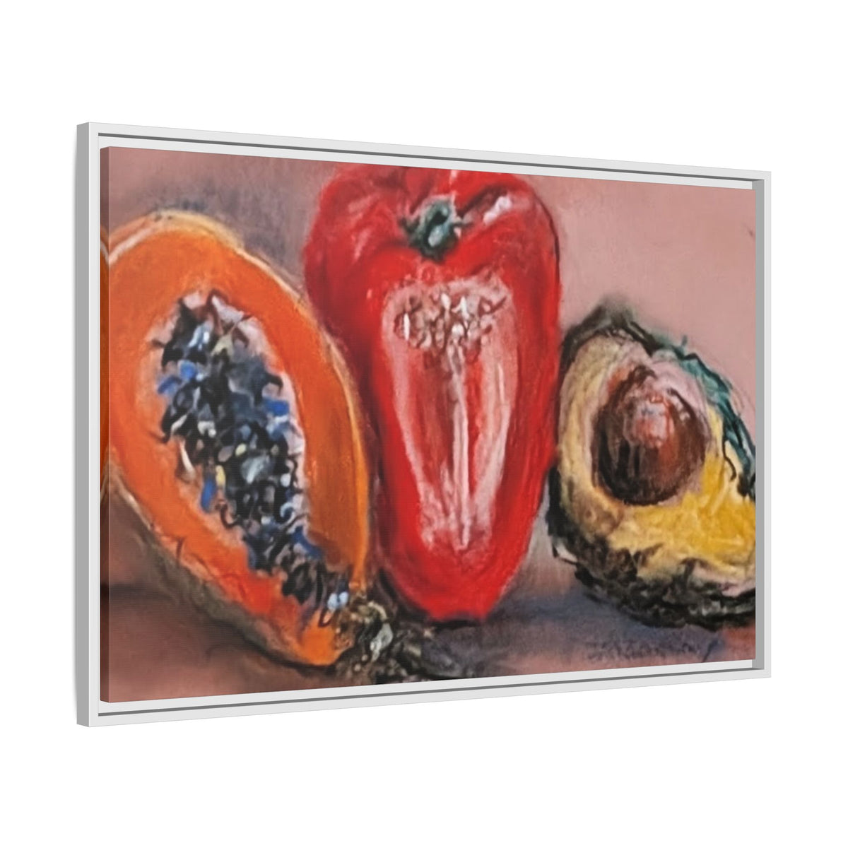 Framed Matte Canvas Art — Vibrant Still Life: Papaya, Red Pepper & Avocado